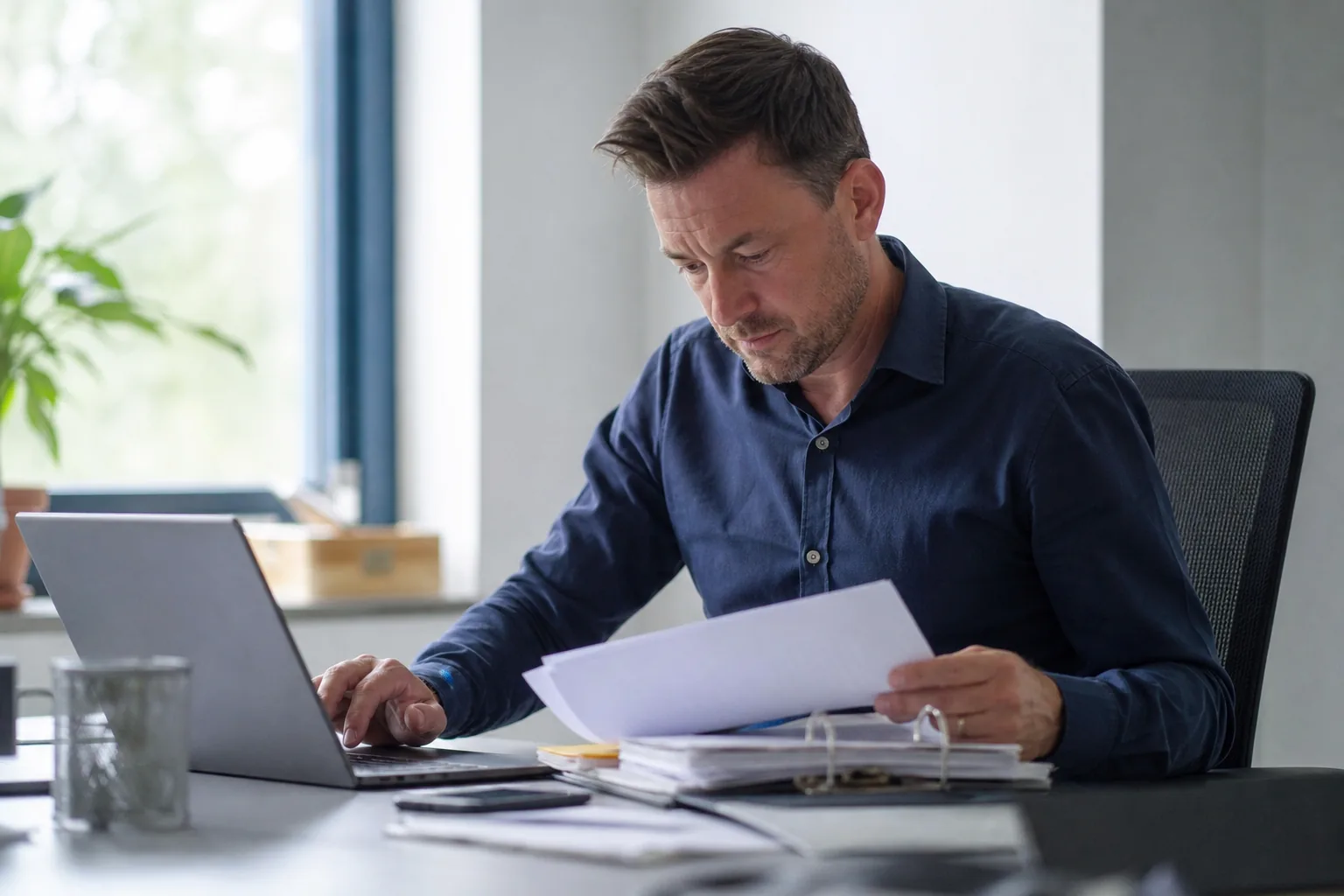 Administratief werk op een klein Nederlands kantoor. Beeld bij het artikel: Wat kost het om een rittenregistratie bij te houden en wat riskeer je bij een controle?