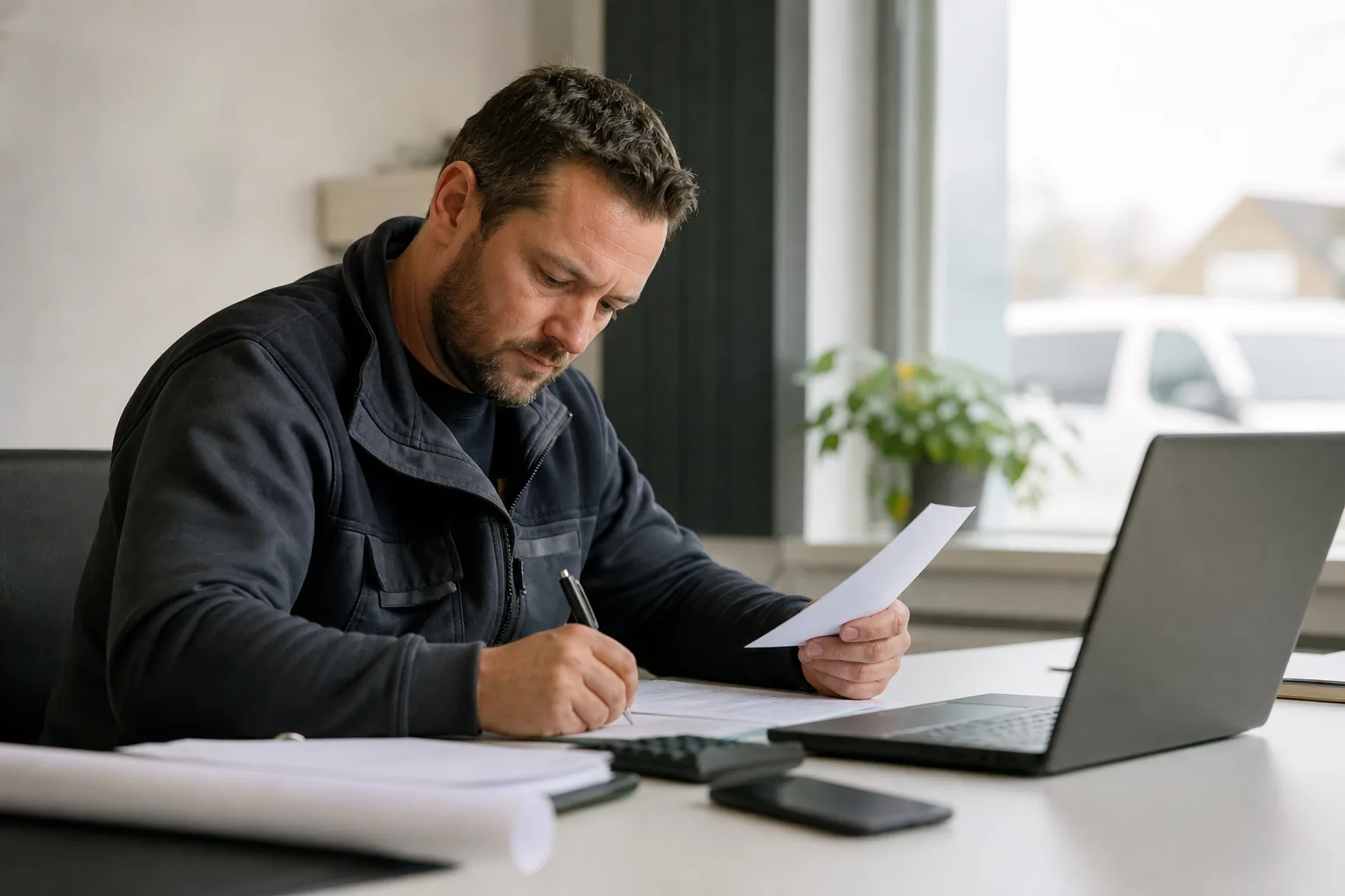 Administratief werk op een klein Nederlands kantoor. Beeld bij het artikel: Wanneer moet een installateur met een bestelbus een omweg of privérit apart vastleggen?